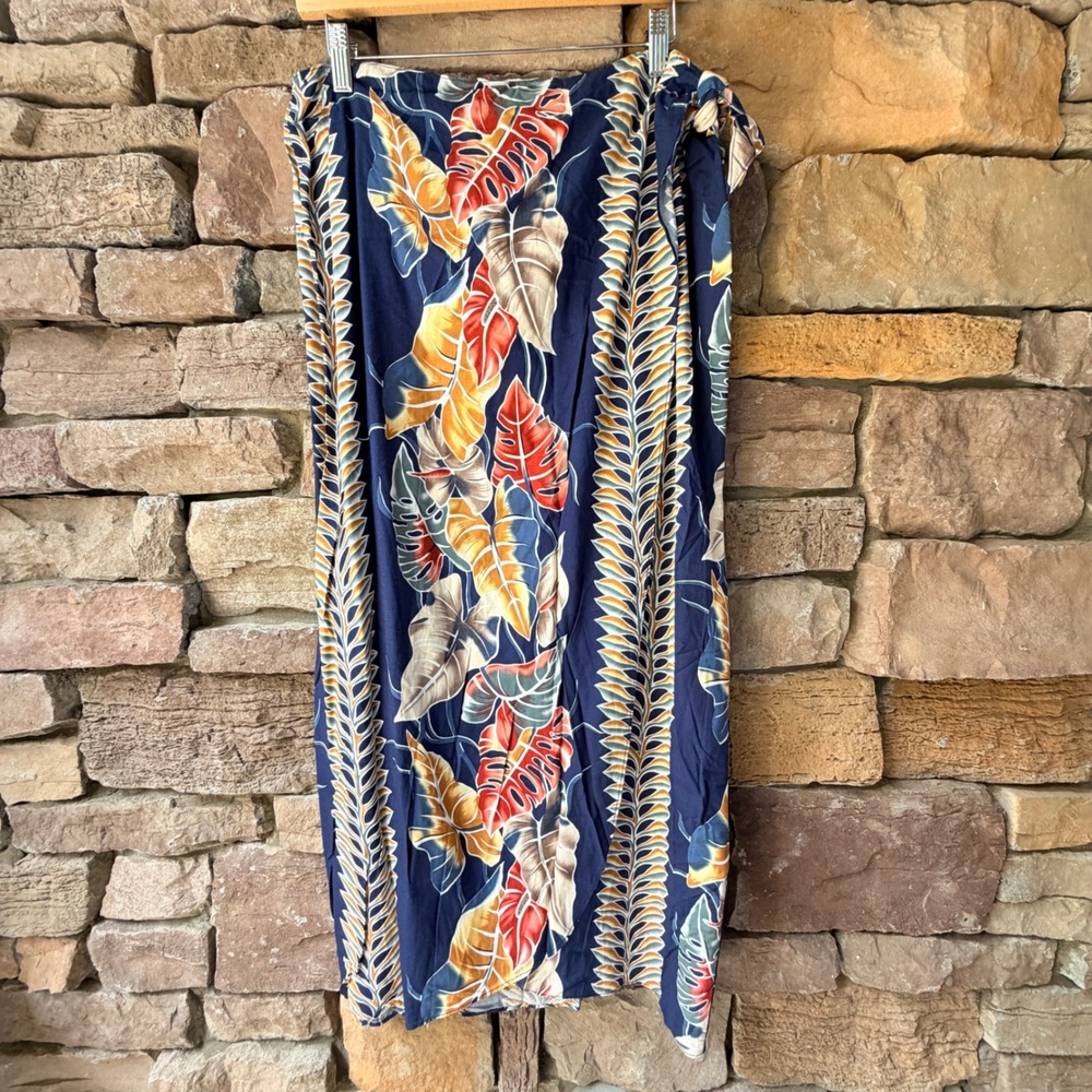 VTG Hilo Hattie Women L Wrap Skirt Blue Tropical Monstera Leaf Hawaii Luau